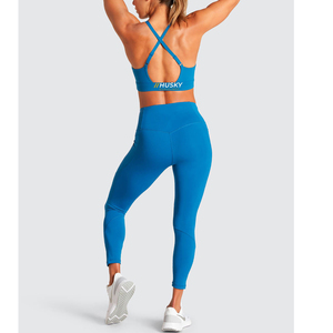HUSKY Women's Ribbed Sports <b>Bra</b> & Leggings Set <b>Blue</b> Seamless Fitness Wear Breathable Racerback Scoop Neck Medium Support - Product Image 5