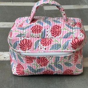 Floral Quilted Bohemian Cotton Fabric Cosmetic <b>Case</b> Medium Size Zipper Closure Soft Handle Reusable Lightweight Portable Makeup - Product Image 5