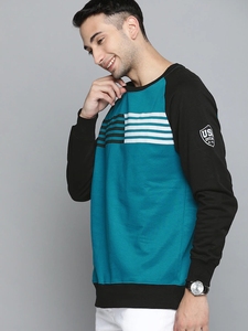 เสื้อสเวตเชิ้ตแขนยาวสีเขียวอมฟ้าและสีดำสำหรับผู้ชาย คอกลม ลายทาง พิมพ์ลายลำลอง ทรงปกติ ผ้าถักสำหรับฤดูใบไม้ร่วง ผ้าฝ้าย 100% - Product Image 1
