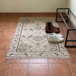 Modern Handwoven <b>Jute</b> <b>Rug</b> Beige Gray Geometric Pattern Fringed Anti-Slip Thick Area Carpet Textured Design Living Room Bedroom - Product Image 3