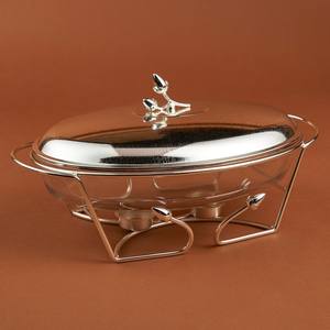 Elegant Oval Shafing Dish Glass Food Warmer Metal Stand & Multi Colour Floral Finial Lid <b>Buffet</b> <b>Server</b> For Party Catering Events - Product Image 2