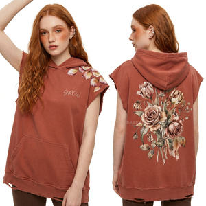Chaleco con capucha sin mangas personalizado para mujer, con estampado floral, borde sin rematar, efecto desgastado, color terracota, estilo oversize, fabricante - Product Image 1