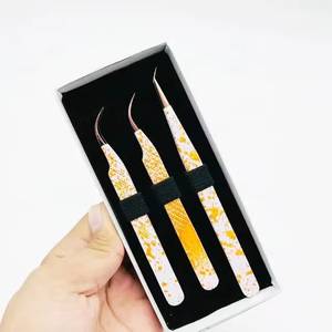 Pinces à cils de précision en acier inoxydable avec poignées à motifs jaunes, pointe lisse pour une application détaillée - Product Image 5
