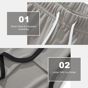 Shorts de sport pour homme à taille haute en mesh, séchage rapide, avec cordon de serrage et poches, gris uni, en spandex et polyester - Product Image 5