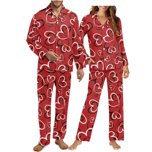 Custom Logo Low MOQ Polyester Couples <b>Pyjamas</b> Set Valentine's Long Sleeve Sleepwear Suit Couple 2 Piece Lounge Wear - Product Image 3