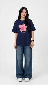 เสื้อยืดโอเวอร์ไซส์สีน้ำเงินกรมท่าสำหรับผู้หญิง คอกลม แขนสั้น ลำลอง ใส่สบายสำหรับฤดูร้อน - Product Image 1