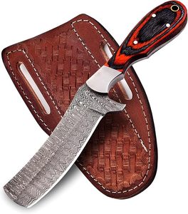 Cuchillo de caza de hoja fija de acero de Damasco hecho a mano de grado industrial OEM económico con funda para cinturón, ideal para camping al aire libre - Product Image 1
