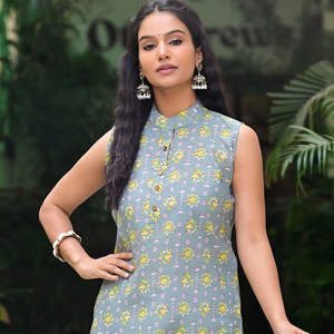 Kurti de Algodón para Mujer, Estampado Floral, Sin Mangas, Informal, Estilo Étnico Indio, de Secado Rápido, con Cuello Mandarín - Product Image 1