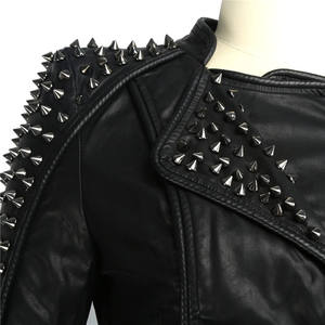 Women's PU <b>Leather</b> Moto Jacket With Shoulder <b>Rivets</b> Zipper Closure Spread Collar Full Sleeve Autumn Style - Product Image 5