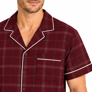 <b>Men</b> Soft Plaid Printed Pajama Set Short Sleeve Button Down Nightwear Drawstring Shorts <b>Lounge</b> Sleepwear Winter Fabric - Product Image 5