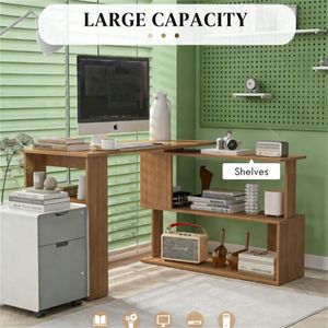 Home Office Teak Wood L-Shaped Corner <b>Desk</b> Space-Saving Computer and Writing <b>Desk</b> - Product Image 3
