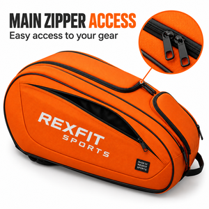 Sac de raquette de squash en orange vif avec panneau avant imprimé personnalisé, plusieurs poches zippées et transport facile pour l'entraînement - Product Image 3