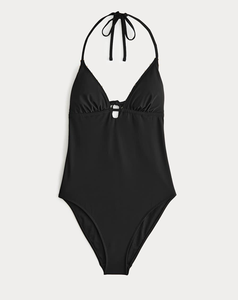 High Street Women's Black Halter One Piece Swimsuit Solid Color Satin Quick Dry Swimwear Sexy Club Style Summer Beachwear - Product Image 1