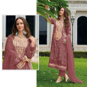 Costume pakistanais élégant pour les mariages Diwali Parties Organza lourd avec séquence de broderie coupe travail Moti détaillant conception de volants - Product Image 1
