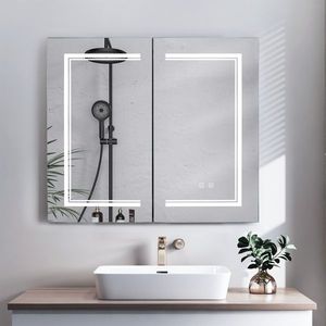 Specchio da Bagno OZON 28x32 Pollici, 1 Porta, 2 Ripiani, LED Antiappannamento con Illuminazione a 3 Colori e Regolazione della Luminosità Power Memory & 2 Plugs" - Product Image 1