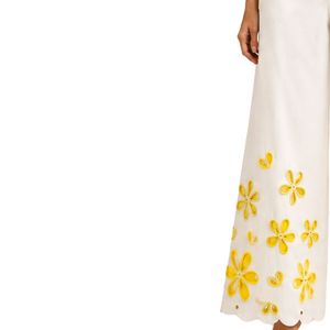 Manufacturer White Wide Leg Embroidered Pants For Women Yellow Floral Cotton Casual High Waist Palazzo <b>Trousers</b> Custom Apparel - Product Image 3