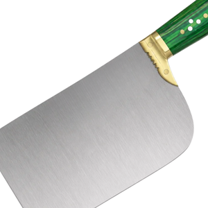 Couteau à viande robuste PK-DR, lame large argentée, manche en bois vert, poignée rivetée avec embout doré, couteau de boucher pour hacher la viande - Product Image 6