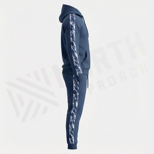 Men's Navy Blue Hooded Tracksuit Full Sleeve Striped Design Casual Sportswear Set Breathable Midweight <b>Polyester</b> <b>Joggers</b> with - Product Image 3