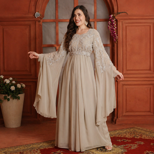 Elegant Beige Modern Embroidered Appliques Cape Sleeve Gown for Women <b>Chiffon</b> Straight <b>Maxi</b> <b>Dress</b> Flowing Cape Sleeves Modest - Product Image 1