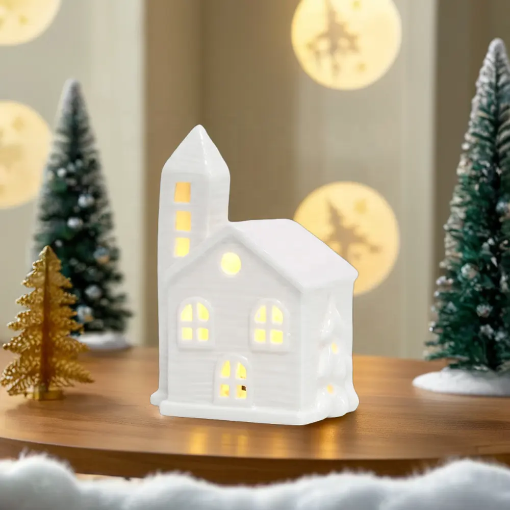 LED-beleuchtete Porzellan-Weihnachtsfigur und Heimmodell Keramikhaus und Spielzeuge für festliche Dekorationen