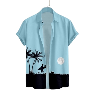 Chemise décontractée à col coupé, coupe ajustée, en tissu extensible, à manches courtes, imprimé plage hawaïenne, style tendance - Product Image 1
