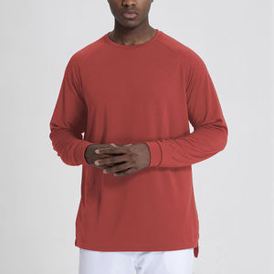 T-shirt à manches longues pour homme, rouge, col rond, coupe classique, couleur unie, décontracté, tricoté, séchage rapide, polyester - Product Image 2