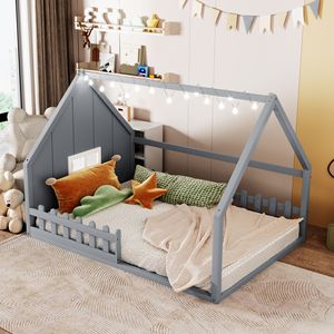Letto a capanna in legno grigio a grandezza naturale con finestra e recinzione per bambini, modello WF304147AAE - Product Image 1
