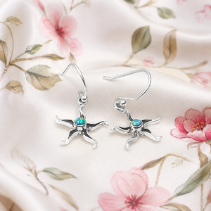 Boucles d'oreilles pendantes soleil en argent sterling 925 avec opale bleue, faites à la main, plaquées or rose et or jaune, serties de clos classiques, cadeau idéal - Product Image 4