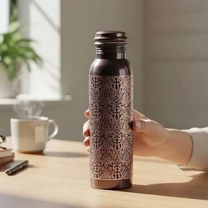 <b>Copper</b> Yoga Ayurveda Indian Handicraft Decorative Eco-Friendly Water Bottle with Lid <b>Screw</b>-On Cap Dishwasher Safe - Product Image 4