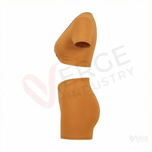 <b>Women</b> Rust Brown V Neck <b>Short</b> Sleeve Twist Ruched Crop Top High Waist <b>Shorts</b> <b>Yoga</b> 2 Piece Set - Product Image 3