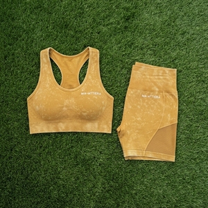 Women Mustard <b>Yellow</b> Acid Wash Yoga Set Sports <b>Bra</b> High Waist Biker Shorts Gym Fitness Workout Activewear - Product Image 6