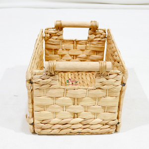 <b>Rectangular</b> Natural Water Hyacinth Storage <b>Basket</b> With Wooden Handles Rustic Style Multi-Purpose Organizer - Product Image 2