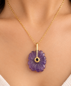 Brass 18k Gold Plated Chain Flower Carved Gemstone Turquoise <b>Peridot</b> Amethyst Quartz Fashion Pendant With Black CZ Stone <b>Jewelry</b> - Product Image 2