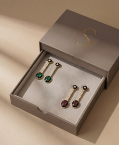 9KT Gold Fine Jewelry Lab Emerald & Diamonds Black Enamel Linear <b>Drop</b> Earrings - Product Image 1