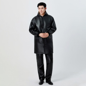 <b>Men's</b> <b>Black</b> <b>Long</b> Hooded <b>Jacket</b> Waterproof Zipper Closure Workwear Style Winter Wear Thick Polyester Lining Solid Color - Product Image 1
