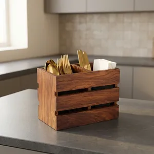 Wooden Cutlery <b>Holder</b> for <b>Kitchen</b> Countertop Sheesham Wood <b>Utensil</b> Organizer Rustic Flatware Caddy 2 Compartment Spoon Fork etc - Product Image 3