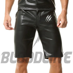 Men's Black PU Coated Bermuda <b>Shorts</b> With Pockets Elastic Waist Casual Style - Product Image 1