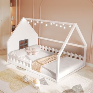 Letto a capanna in legno bianco a grandezza naturale con finestra e recinzione per bambini (Vecchio SKU WF304147AAK) - Product Image 1