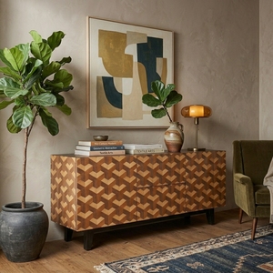Aparador Moderno de Madera Maciza con Diseño Geométrico 3D en Forma de Cubo, Gabinete de 2 Puertas y 2 Cajones, Base Negra, Mueble para TV y Multimedia - Product Image 3