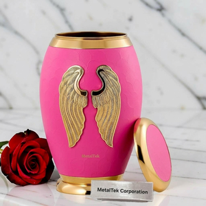 Urne funéraire artisanale en laiton, finition rose, ailes d'ange dorées, durable, de haute qualité, pour commémoration et décoration funéraire – Meilleures ventes - Product Image 2