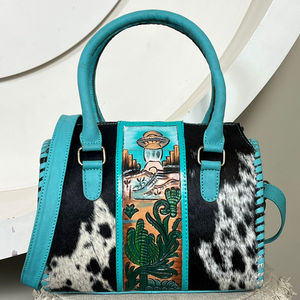 2026 Fashionable Hand Tooled Genuine Cowhide Leather Duffel Bags Cactus Pattern Turquoise Leather Vintage Travel Bags for Unisex - Product Image 4
