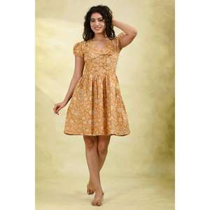 Vestido Midi Floral para Mujer, Color Amarillo Mostaza, Manga Abullonada, Ecológico, Lavable, Estilo Casual Indio con Cintura Natural - Product Image 3