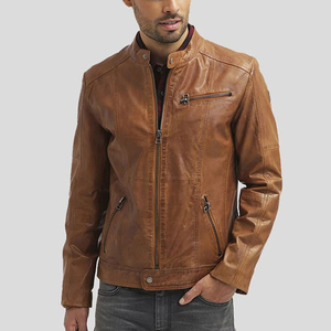 Veste en cuir véritable pour homme, marron, fermeture éclair, col rabattu, style décontracté, automne, coupe ajustée, longueur standard - Product Image 2
