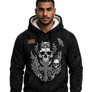 ACCEPT INDUSTRY New <b>Men's</b> Black Acid Wash <b>Sherpa</b> Lined Skull Cross Graphic <b>Hoodie</b> Gothic Style Fleece Winter Wear Hoody - Product Image 3