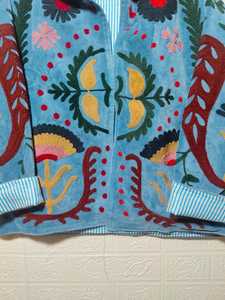 Suzani Embroidery Velvet Kimono Jacket Handmade Boho <b>Coat</b> Vintage Art Blue Jacket For Winter And For Special Days - Product Image 6