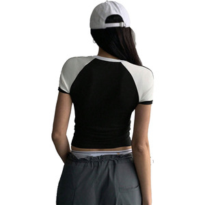 Contrast Raglan Sleeve Fitted Crop Tee Women Slim <b>Stretch</b> 100% Cotton Casual Streetwear Tank Top Custom Logo women's shirt - Product Image 2