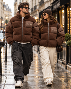 Chaqueta acolchada azul con capucha para hombre de Thorfinn Industry, con forro de sherpa y logotipo bordado, abrigo informal de invierno, precio al por mayor - Product Image 1