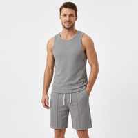 Men Ribbed Tank Top and Shorts Set Solid Gray Casual Summer Two Piece Outfit Pleated Drawstring Shorts Wear made in Bangladesh