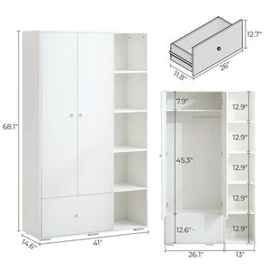 Armadio Bianco per Camera da Letto con Asta Appendiabiti, Cassetti e Ripiani, Elegante Guardaroba con Maniglie per Uso Domestico - Product Image 6