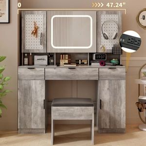 Large LED Lighted Mirror Vanity Table Set with 2 DIY Pegboards 5 Hooks Vanity Desk Charging Station for <b>Dressing</b> and Makeup - Product Image 5